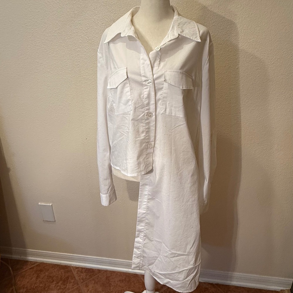 NY&C Asymmetrical Poplin Button Down Shirt Women's L White Asymmetrical Chic